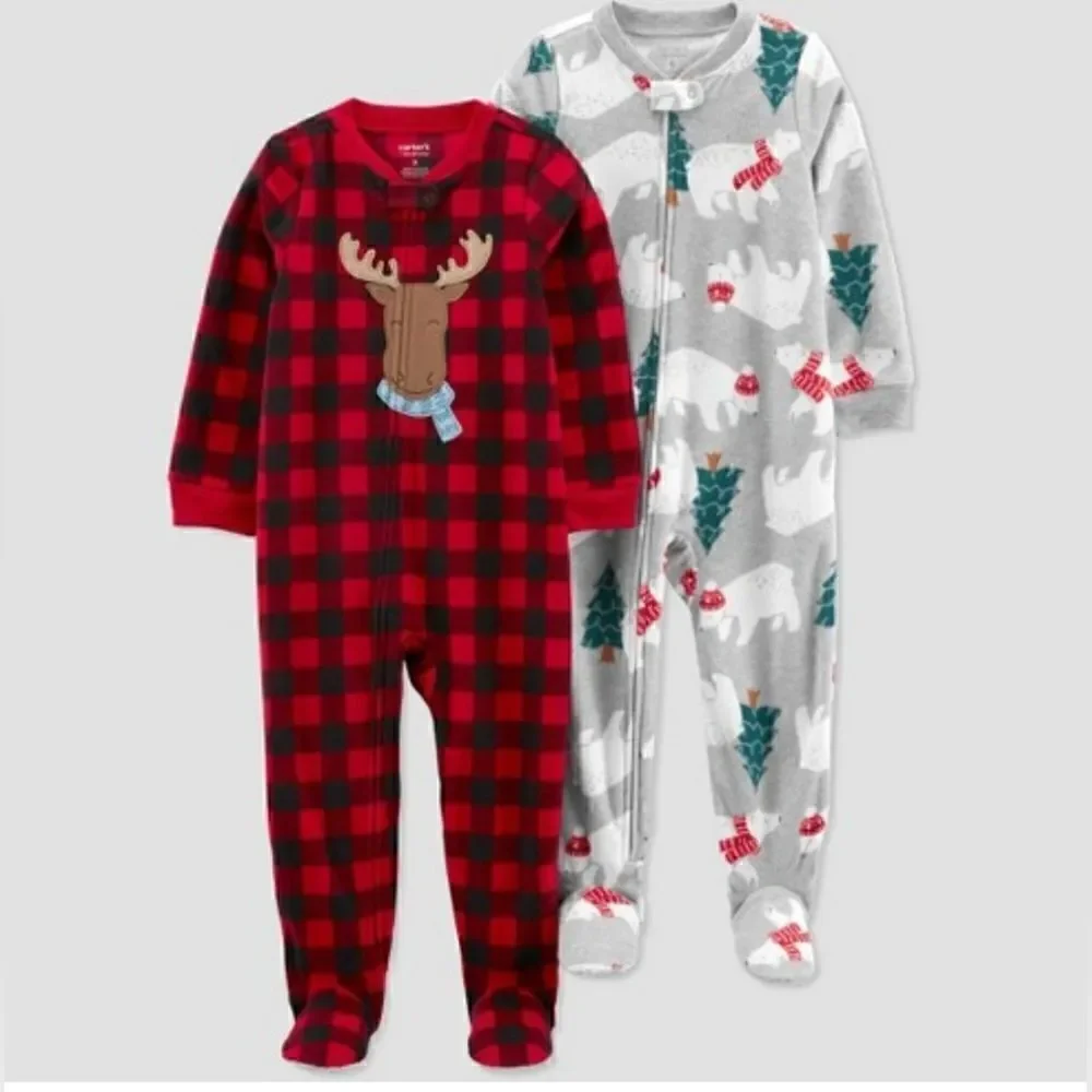 Nwt Carter's Toddler Boy's 2 pc Buffalo Plaid Christmas Footed Fleece pajamas